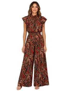 Paisley Jumpsuit Pantsuit One Piece Wide Leg Palazzo Boho Festival Ruffle Size M